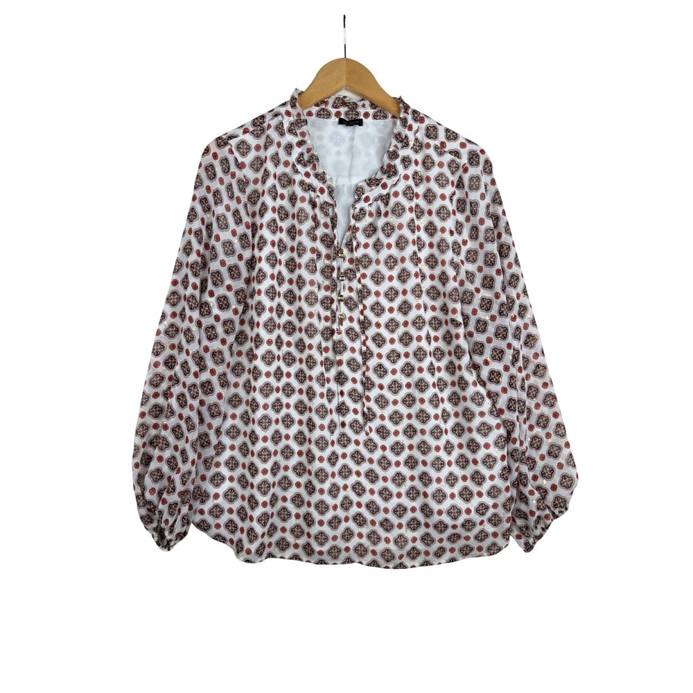 Talbots Medallion/Floral Print Ruffle Neck Long Sleeve Blouse size XL White/Brow
